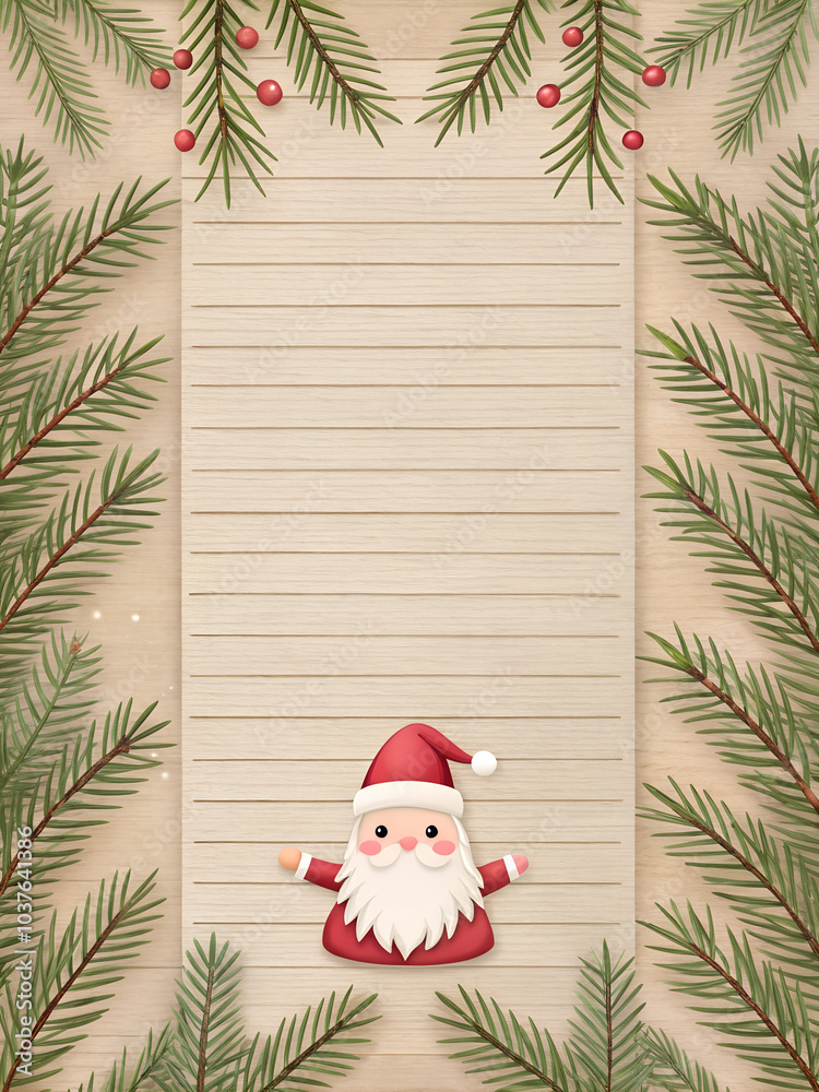Fototapeta premium Santa Claus with open arms surrounded by pine branches on a festive letter template with copy space