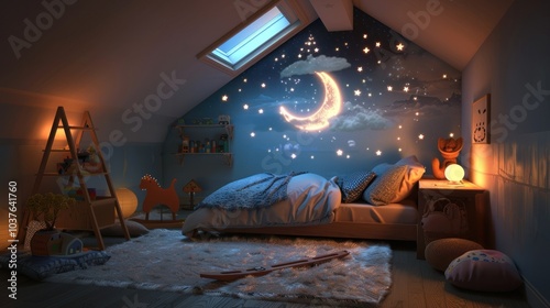 kids room with toys and lighted moon white and orange themed with stars on ceiling