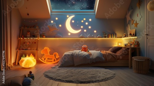 kids room with toys and lighted moon white and orange themed with stars on ceiling