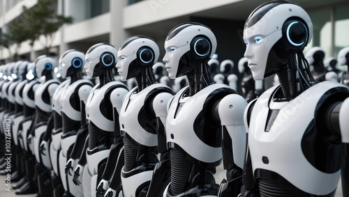  Row of Humanoid Robots with Black and White Armor |  robots, humanoid, black, white, AI, automation, technology, futuristic, android, cyber, robotics, machine, uniform, line, innovation, tech, robota photo