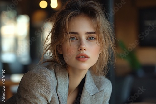 Close-Up of Posed Business Woman with Wavy Hair in Modern Style and Natural Lighting