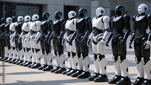 Wallpaper Mural  Row of Humanoid Robots with Black and White Armor |  robots, humanoid, black, white, AI, automation, technology, futuristic, android, cyber, robotics, machine, uniform, line, innovation, tech, robota Torontodigital.ca