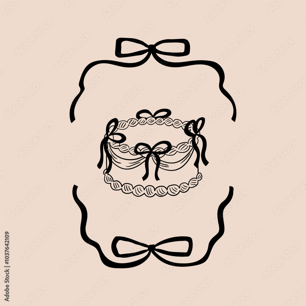 Wavy frame with black bows and holiday cake. Vector illustration in retro coquette aesthetic. Sketch style clipart for wedding, birthday, valentines day Wavy frame with black bows and holiday cake. Vector illustration in retro coquette aesthetic. Sketch style clipart for wedding, birthday, valentines day