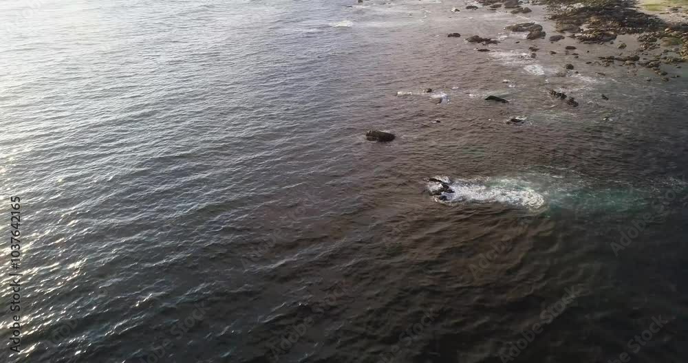 aerial drone video flying parallel to the shore of a rocky coastline at sundown, concept coastal background aerial drone video flying parallel to the shore of a rocky coastline at sundown, concept coastal background