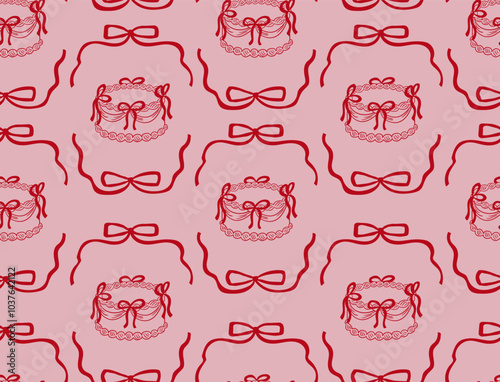 Retro seamless pattern with cakes in ribbon frames. Vector background with birthday cakes and bows. Vintage coquette aesthetic