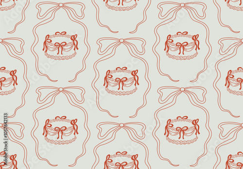 Seamless pattern with wedding cakes and ribbons. Vintage vector background in coquette aesthetic. Holiday cakes and bow ribbons illustration in sketch style