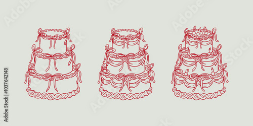 Set of wedding cakes in sketch style. Vector illustration of cakes with ribbons. Clipart for greeting cards, holiday invitations. Retro coquette aesthetic