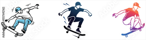 Skateboarder silhouette doing tricks isolated on white background