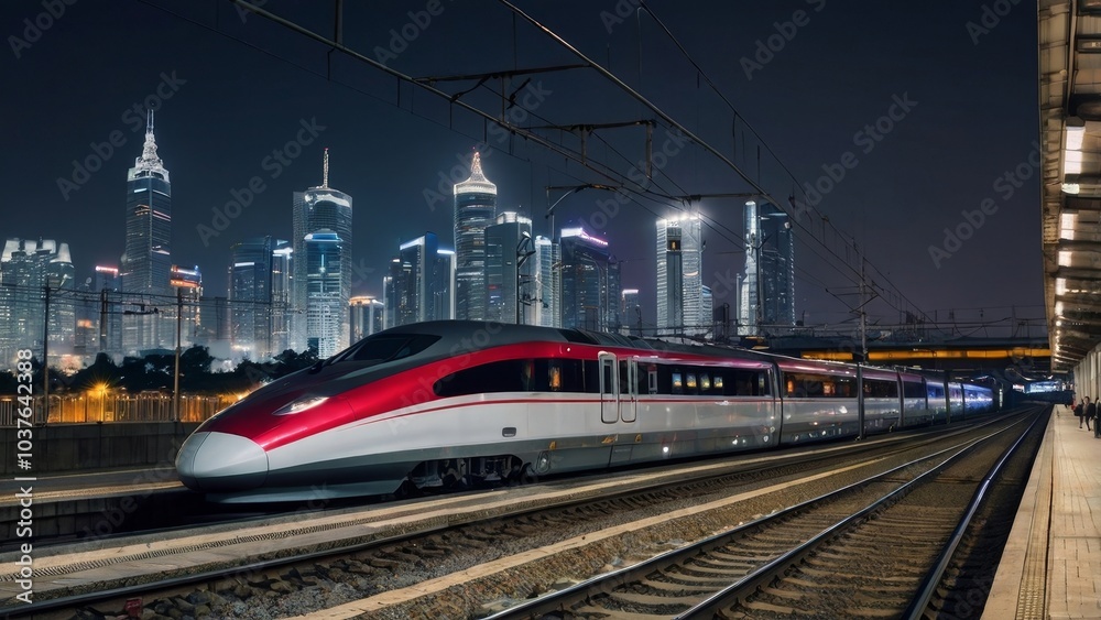 High speed train at station and blurred city High speed train at station and blurred city