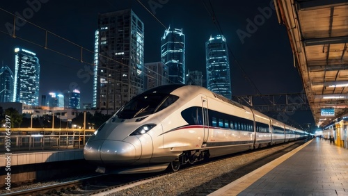 High speed train at station and blurred city