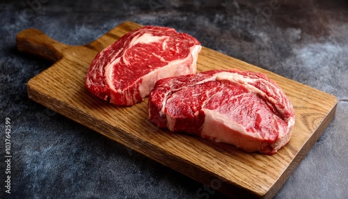  Luxurious marbled beef slices displayed on a wooden cutting board, showcasing their rich texture and quality