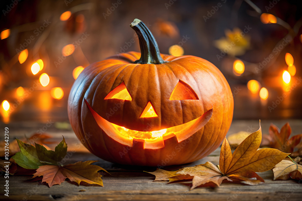 Jack-o'-lantern with a mischievous grin on wooden table. Halloween background with copy space Jack-o'-lantern with a mischievous grin on wooden table. Halloween background with copy space