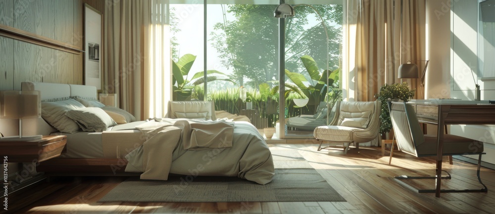 A luxurious spacious bedroom with windows and fireplace A luxurious spacious bedroom with windows and fireplace