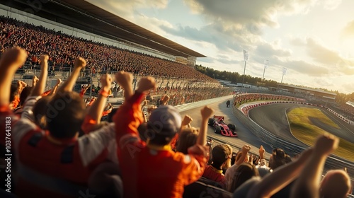 A racing event capturing the excitement of fans cheering from the grandstand.