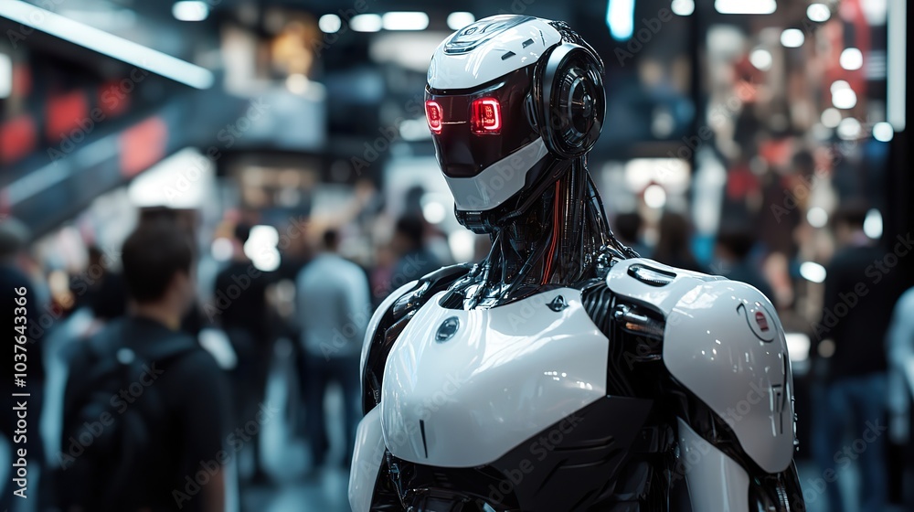 A robot showcasing its advanced features in a tech expo surrounded by amazed visitors. A robot showcasing its advanced features in a tech expo surrounded by amazed visitors.