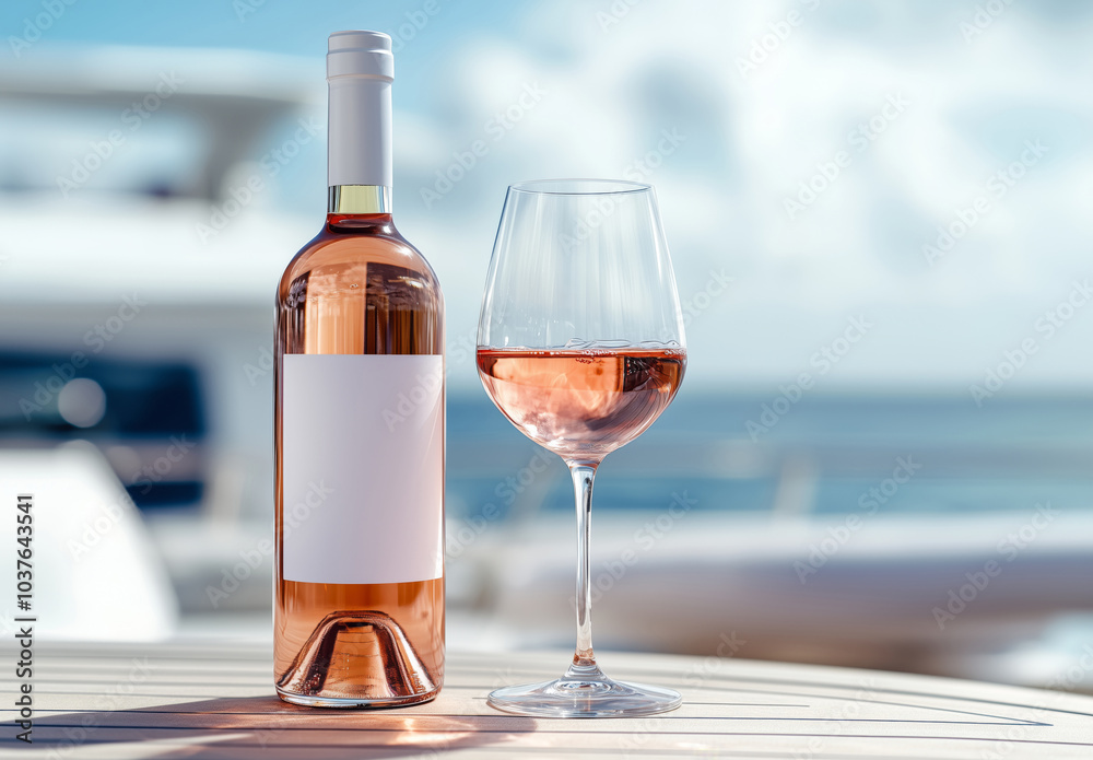 © Myroslava - A bottle of pink wine with a white mock up label and a wine glass on a wooden table on the deck of the yacht © Myroslava - A bottle of pink wine with a white mock up label and a wine glass on a wooden table on the deck of the yacht