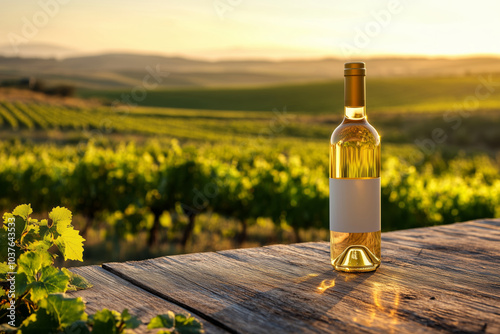 A bottle of wine with mock up label on an outdoor table overlooking the vineyards at sunset photo