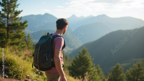 Hiking Adventure in Mountain Landscape Backview