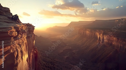 A scenic overlook of a canyon at sunset, capturing a backpack positioned on a ledge with deep shadows and vibrant colors.