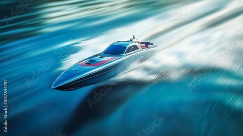 A sleek racing boat speeding across a bright blue lake, creating a splash of water behind it.