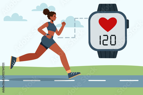 Athletic female runner with smartwatch jogging in park. Vector flat illustration.