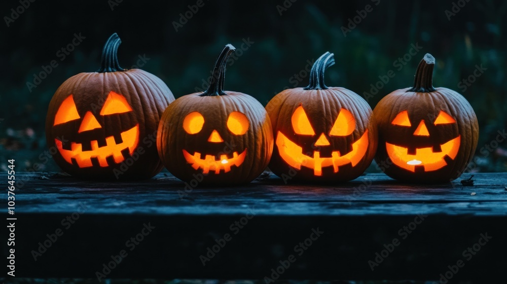 Lighted Jack-O-Lanterns on a Wooden Bench Lighted Jack-O-Lanterns on a Wooden Bench