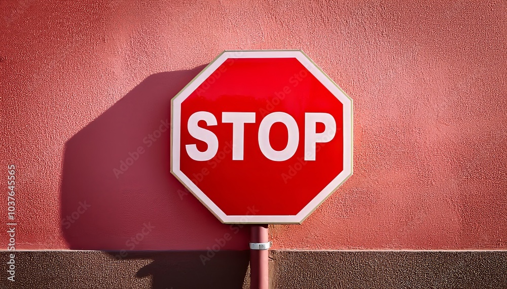 Red stop sign casts a shadow on a pink wall, symbolizing urban safety and traffic awareness Red stop sign casts a shadow on a pink wall, symbolizing urban safety and traffic awareness
