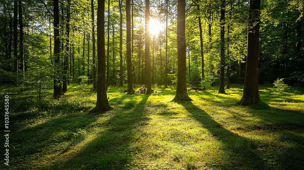 Obraz premium A forest clearing bathed in sunlight, perfect for a peaceful picnic with friends.