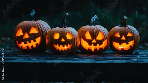 Lighted Jack-O-Lanterns on a Wooden Bench