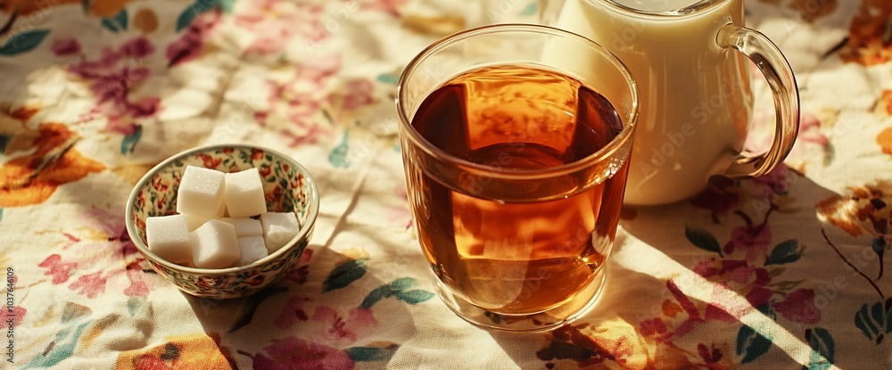 A glass of tea with sugar cubes and milk on a floral tablecloth. A glass of tea with sugar cubes and milk on a floral tablecloth.