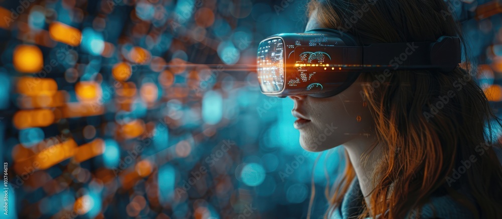 Woman wearing VR headset immersed in a futuristic digital world with glowing lights. Woman wearing VR headset immersed in a futuristic digital world with glowing lights.