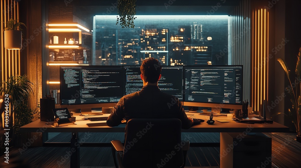 A Creative Coder Designing a Visually Stunning and Innovative Digital Masterpiece in a Cutting-Edge Studio A Creative Coder Designing a Visually Stunning and Innovative Digital Masterpiece in a Cutting-Edge Studio