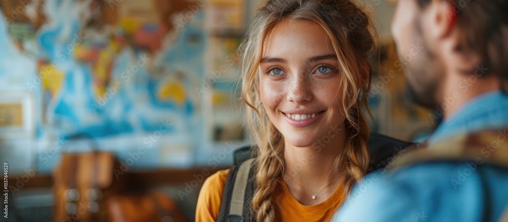 Young woman with blue eyes smiling at a man in a hostel. Young woman with blue eyes smiling at a man in a hostel.