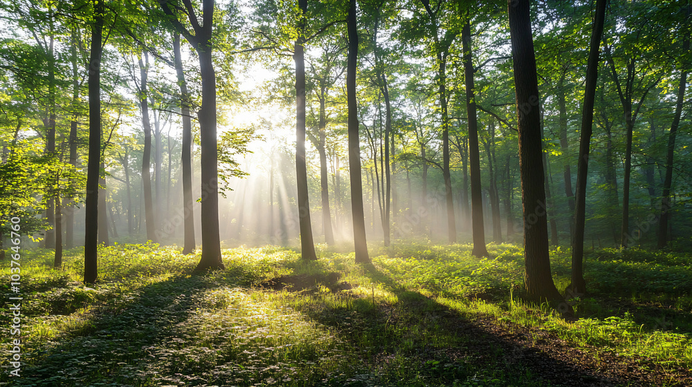 Obraz premium A foggy morning in the woods, with mist rising from the ground and the sun beginning to shine.