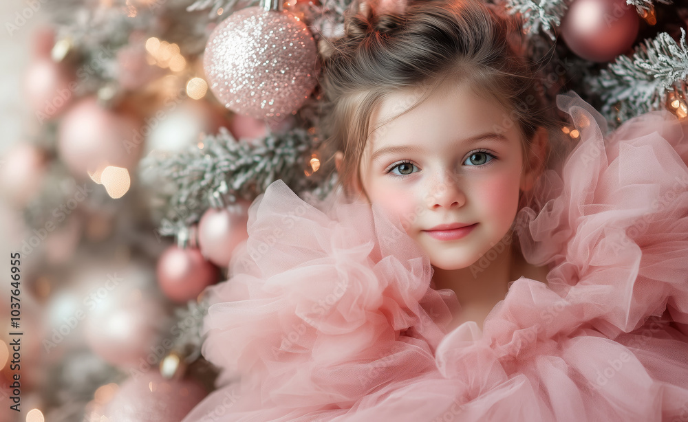 Beautiful little girl in a smart festive dress near the Christmas tree Beautiful little girl in a smart festive dress near the Christmas tree