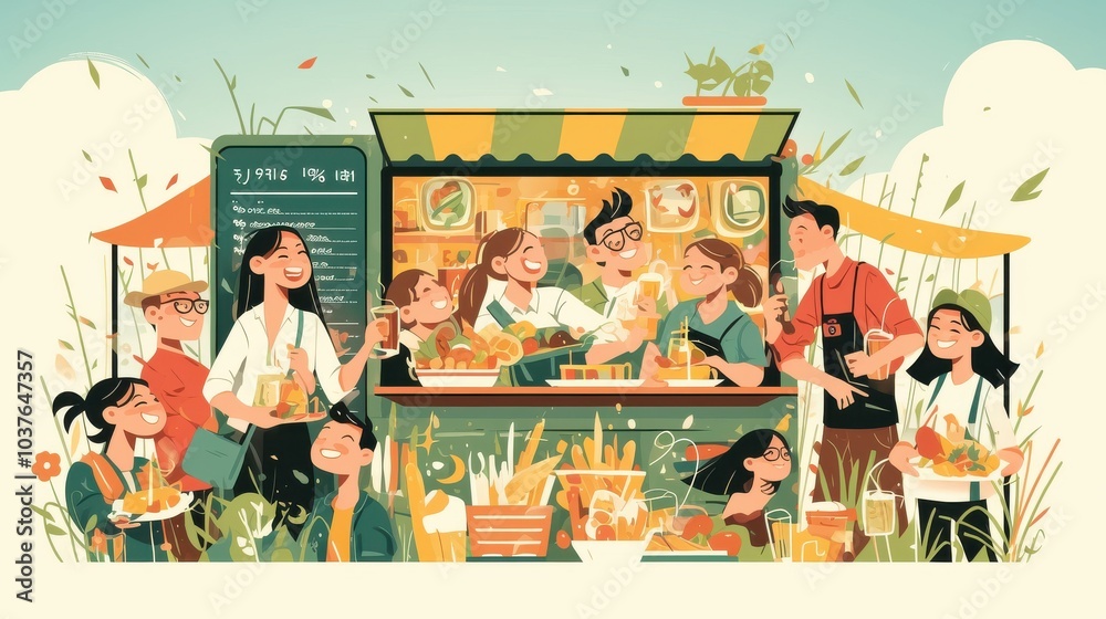 Obraz premium Colorful Outdoor Food Vendor Stalls with Cheerful Patrons