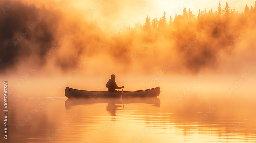 A foggy lake at dawn with a lone canoe gliding through the mist. A foggy lake at dawn with a lone canoe gliding through the mist.