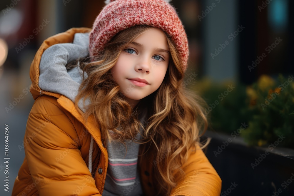 Outdoor portrait of a beautiful little girl with long curly hair in a warm jacket and hat Outdoor portrait of a beautiful little girl with long curly hair in a warm jacket and hat