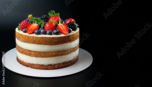 A delectable homemade cake featuring strawberries and blueberries, showcased on a black surface with space for additional text photo