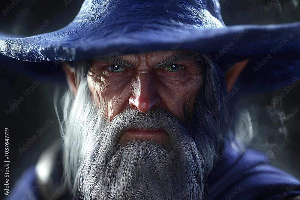 The Ancient Mage: A weathered wizard with piercing blue eyes and a long, flowing beard stares intensely from beneath the brim of his blue pointed hat. His expression is a blend of wisdom, power.