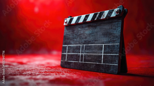 Rustic wooden movie clapperboard with hard shadows on a vibrant red background, symbolizing cinema, filmmaking, and the movie industry. Perfect for film and media themes photo