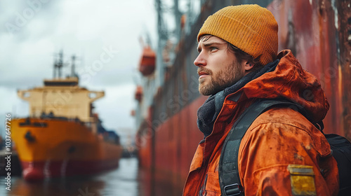 Port worker in orange uniform supervising near a large ship at the dock. Industrial and maritime environment with cranes in the background