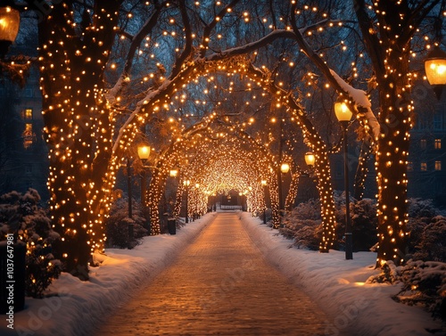 Um corredor urbano iluminado por arcos de luzes quentes, conduzindo através de um cenário nevado, cria uma atmosfera mágica e convidativa de Natal photo