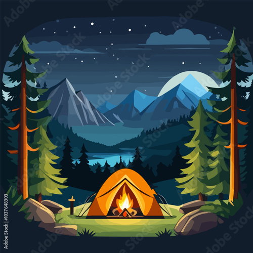 Night camp in the forest with a fire and a tent. View of the camping landscape in the mountains with a lake and a starry sky. Mountain tourism and travel concept. Camping cartoon vector illustration