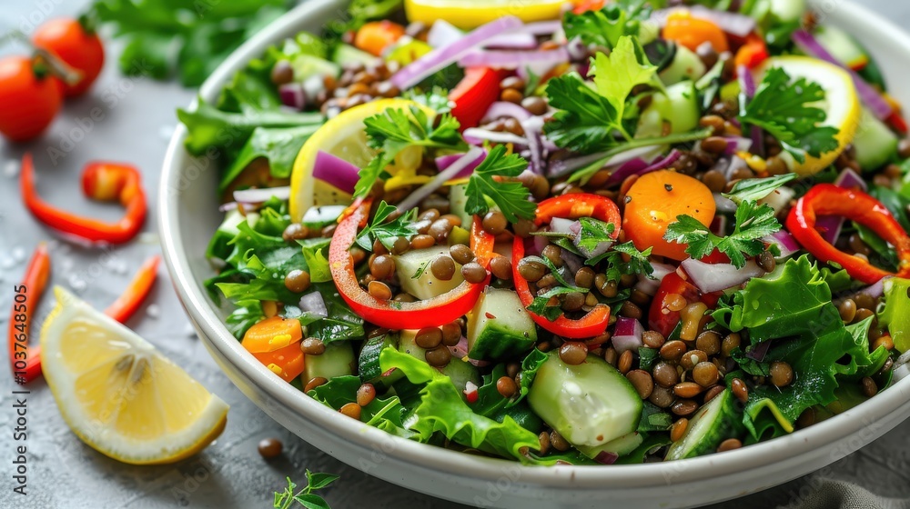 Close-Up of Lentil Salad with Mixed Vegetables and Zesty Lemon Dressing Close-Up of Lentil Salad with Mixed Vegetables and Zesty Lemon Dressing