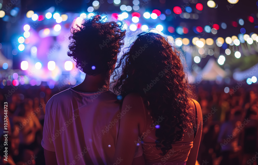 Couple is standing in a crowd at a concert, looking at the stage. Scene is energetic and exciting, as the couple is enjoying the live music and the atmosphere of the concert Couple is standing in a crowd at a concert, looking at the stage. Scene is energetic and exciting, as the couple is enjoying the live music and the atmosphere of the concert