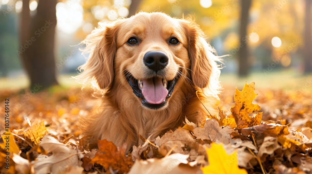 A fluffy dog playing in a pile of leaves
