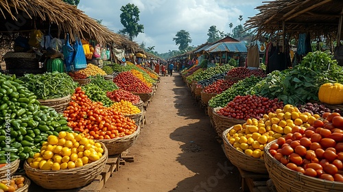 A bustling open-air market in Africa, filled with colorful produce displayed in baskets. The market stretches out in a long row, lined with vendors and customers.