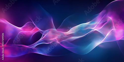 Abstract purple and blue light waves flowing dynamically on a dark background, creating a glowing and futuristic digital design, selective focus