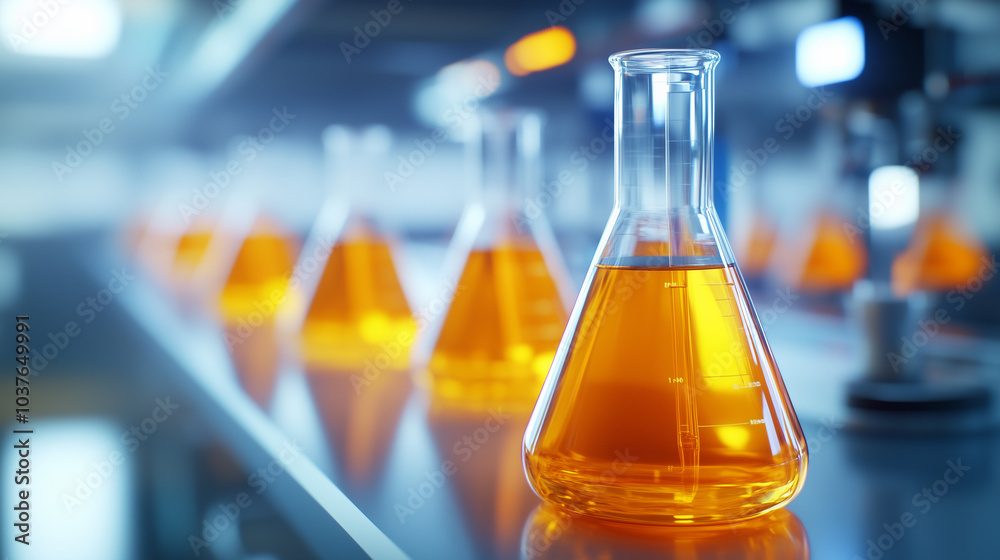 Laboratory Flasks with Golden Liquid against Dark Background Laboratory Flasks with Golden Liquid against Dark Background